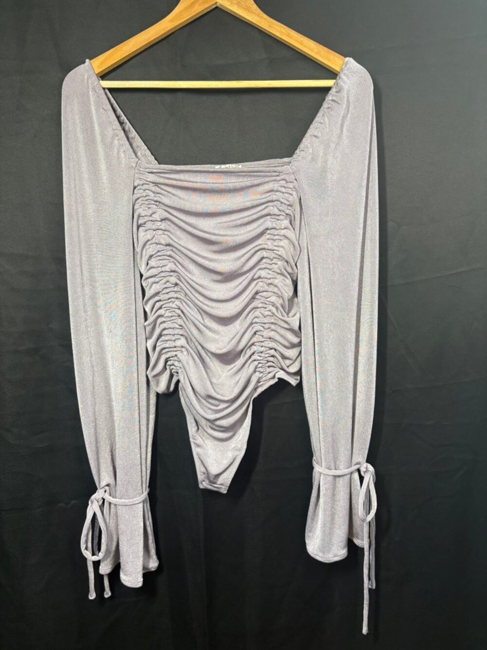 Free People Ruched Square Neck Bodysuit, Shimmer Lilac Tie Cuffs, Sz Large